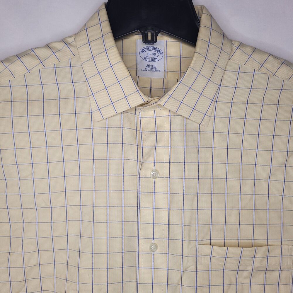 Brooks Brothers Dress Shirt Mens 16 Check Yellow, Blue Slim Fit 35 Non Iron